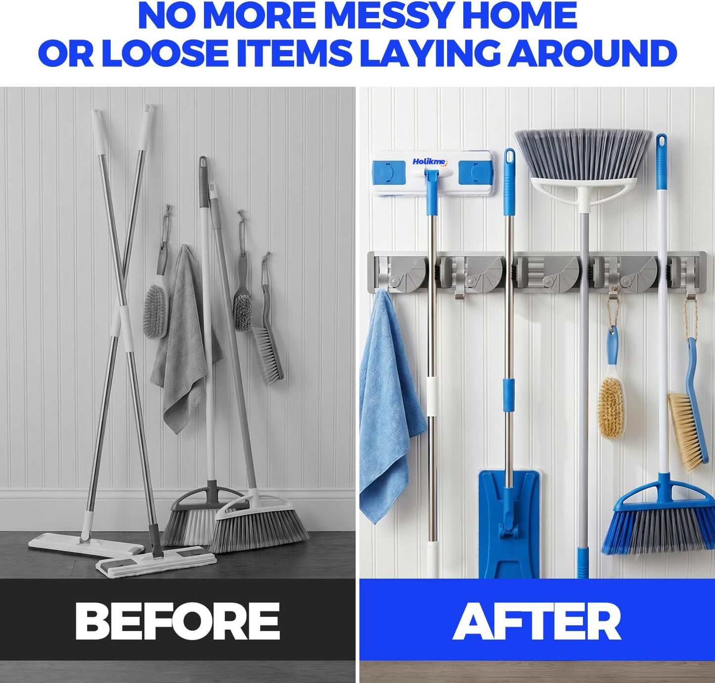 Mop Broom Holder Wall Mount Metal Pantry Organization and Storage Garden Kitchen Tool Organizer Wall Hanger for Home Goods (4 Positions with 4 Hooks, Silver)