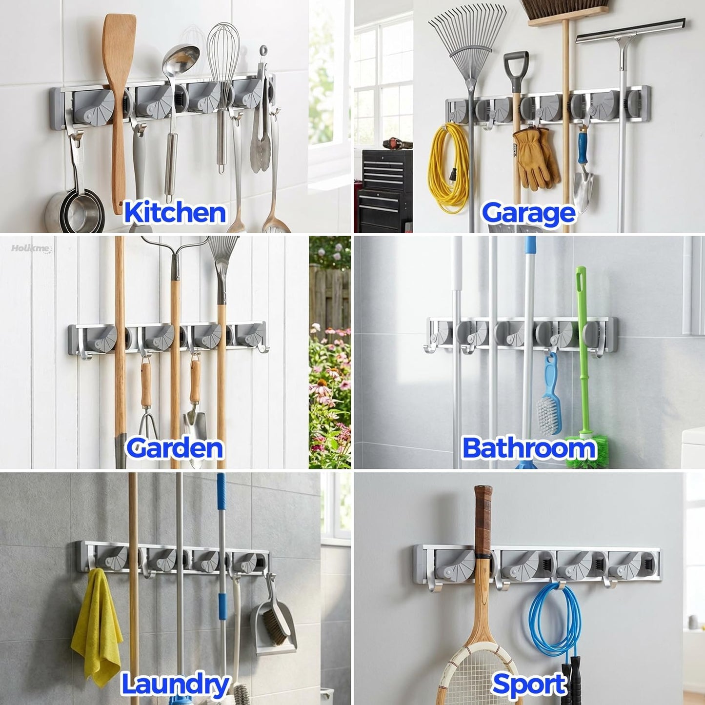 Mop Broom Holder Wall Mount Metal Pantry Organization and Storage Garden Kitchen Tool Organizer Wall Hanger for Home Goods (4 Positions with 4 Hooks, Silver)