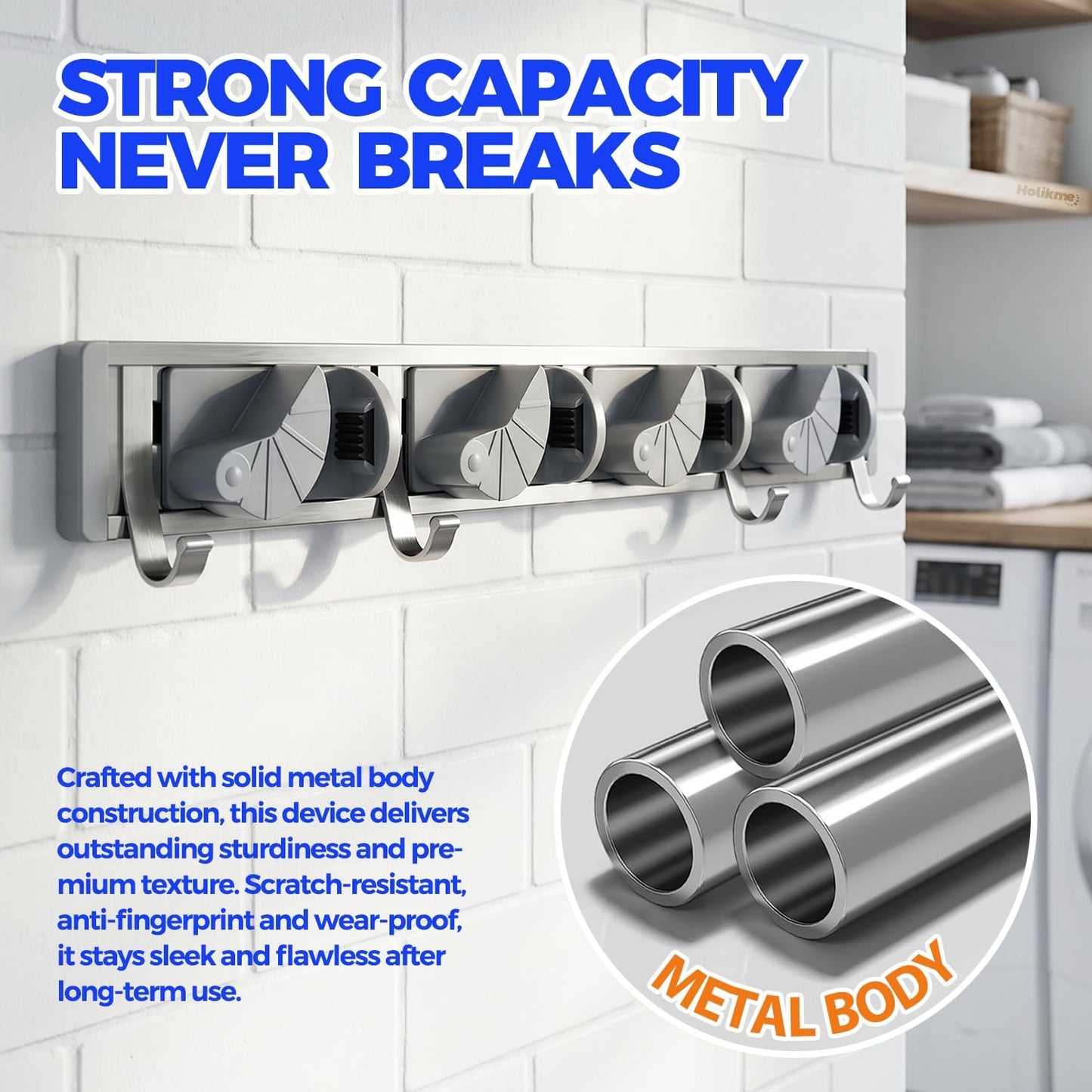 Mop Broom Holder Wall Mount Metal Pantry Organization and Storage Garden Kitchen Tool Organizer Wall Hanger for Home Goods (4 Positions with 4 Hooks, Silver)